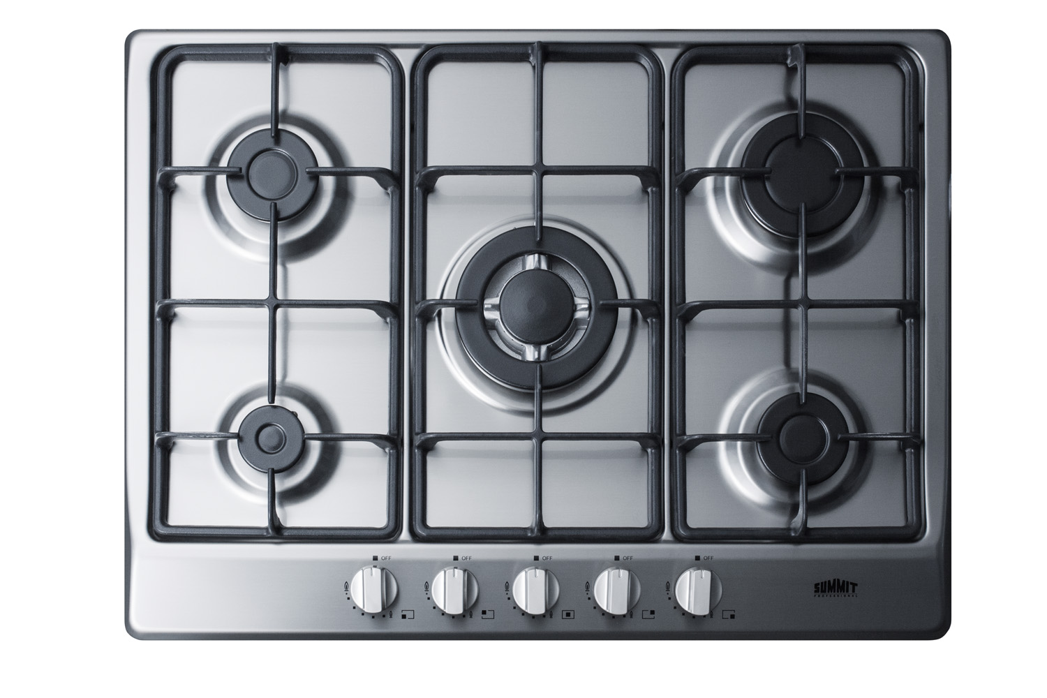 5-burner gas cooktop made in Italy in a stainless steel finish with sealed burners, cast iron grates, and wok stand; fits standard 24